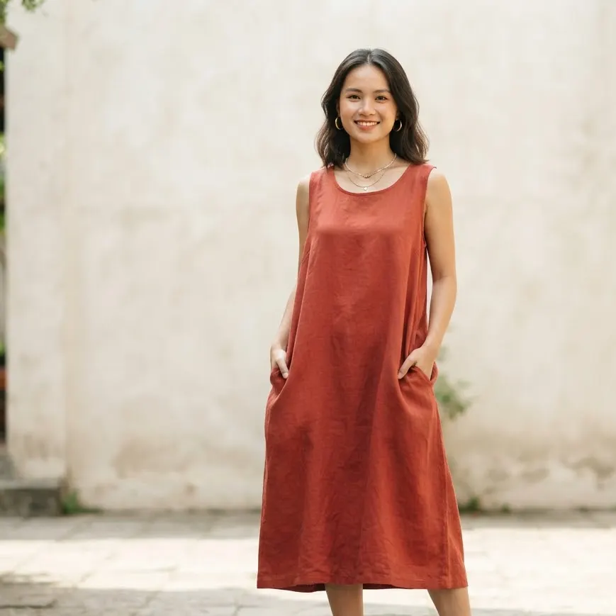 Đầm linen đỏ gạch